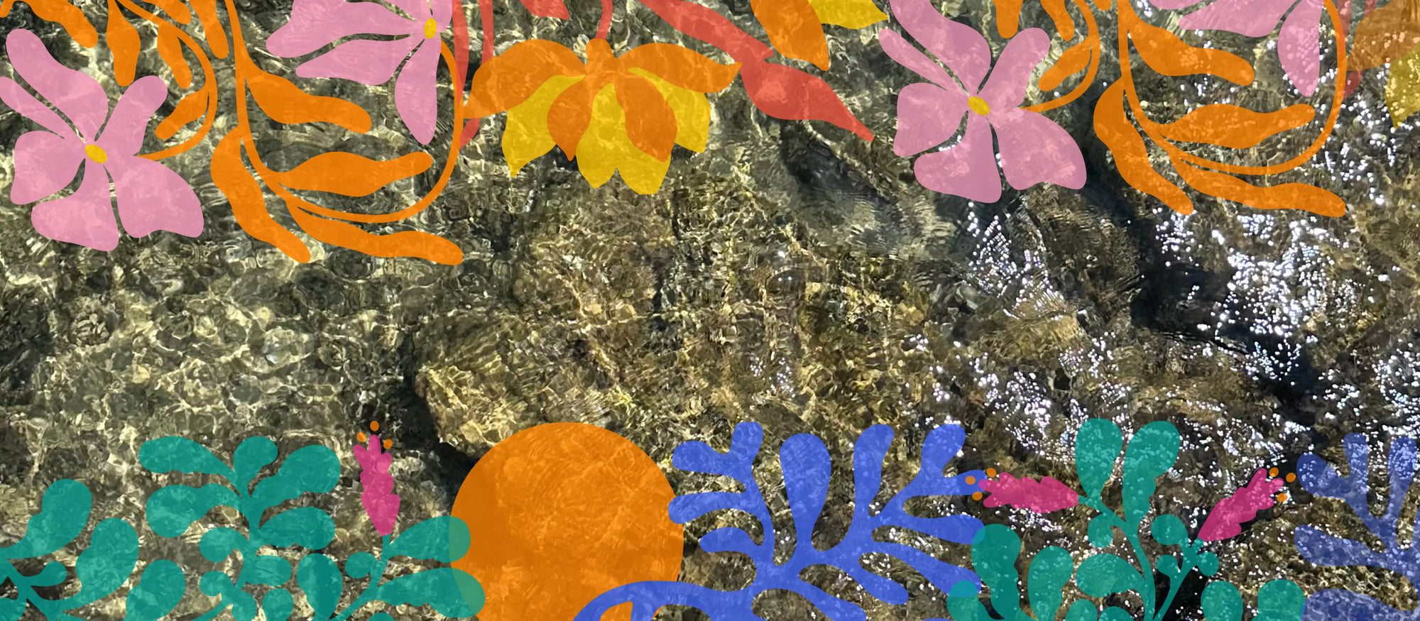 Colorful floral and leaf patterns on a textured surface