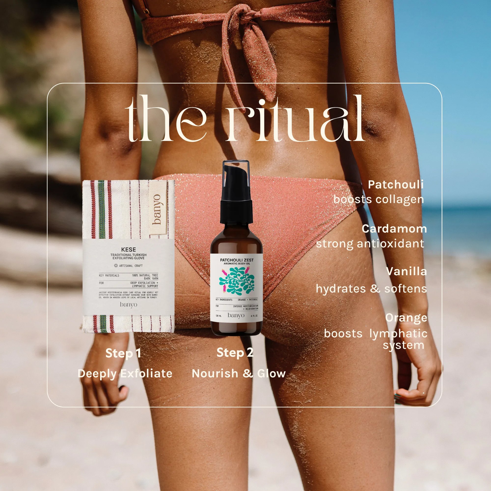Person on a beach with 'the ritual' skincare products displayed.