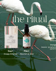 Two flamingos in water with skincare products and 'the ritual' text overlay.