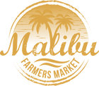 Gold Malibu Farmers Market logo with palm trees and wavy lines on a white background